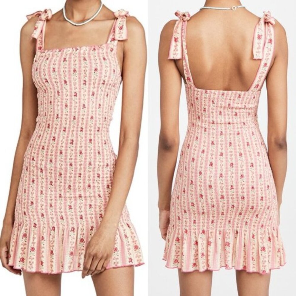 PLAYA LUCILA Tie Shoulder Smock Dress Summer Vacation Pink Floral Stripe XL NWT